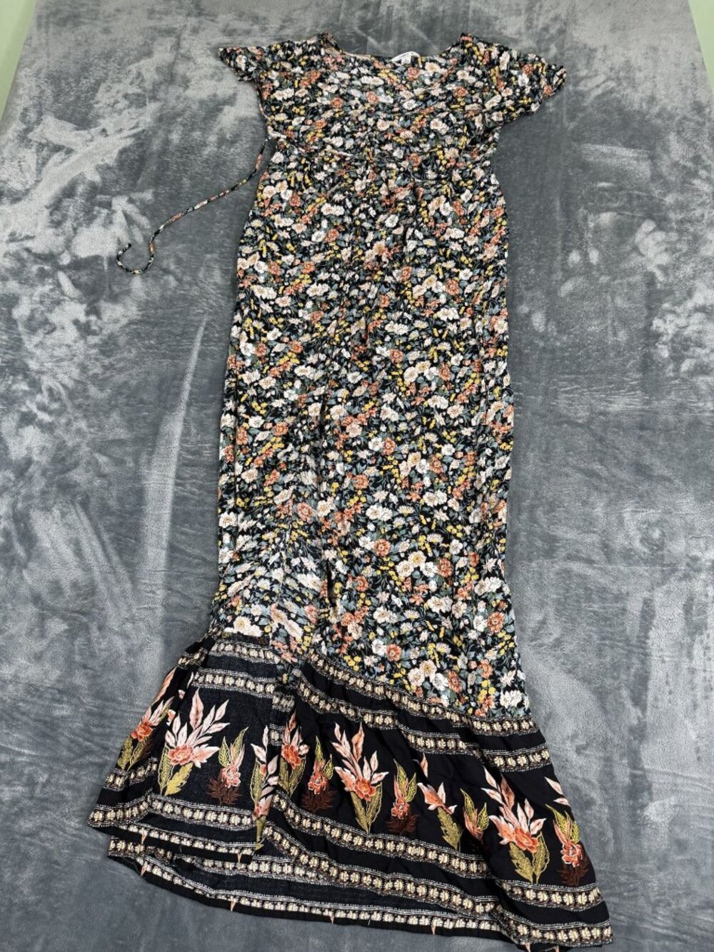 ONeill Womens Black Multicolor Floral Maxi Dress Ruffle Hem Tie Waist M